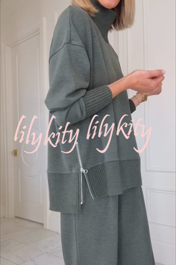 Barker High-Neck Long Sleeve Side Zipper Sweatshirt and Elastic Waist Pocketed Loose Pants Set