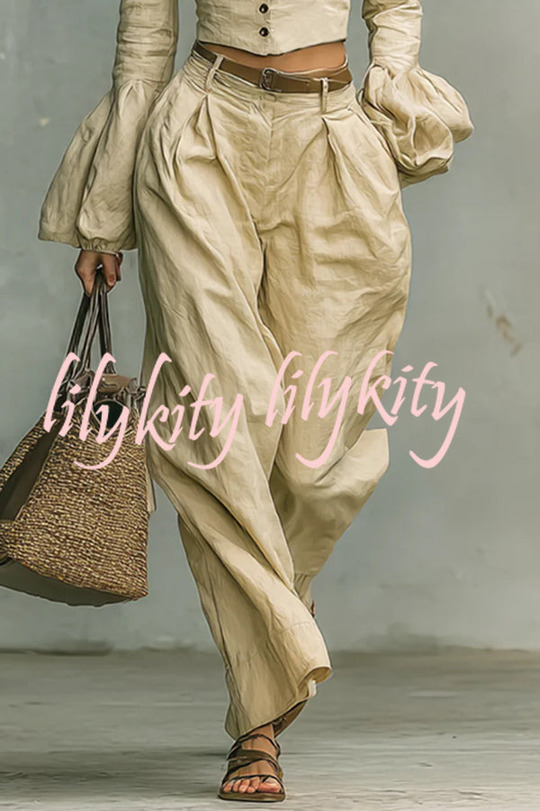 Linen-blend Long-sleeved Button-down Top and Relaxed-pocket Wide-leg Pants Set