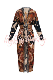 Verra Unique Print Dolman Long Sleeve Ruched Slit Midi Dress