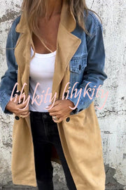 Fashion Lapel Long Sleeve Pocket Mid-length Denim Patchwork Jacket