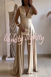 Roisin Metallic Fabric Ruched Shoulder V-neck Wide Leg Drape Jumpsuit