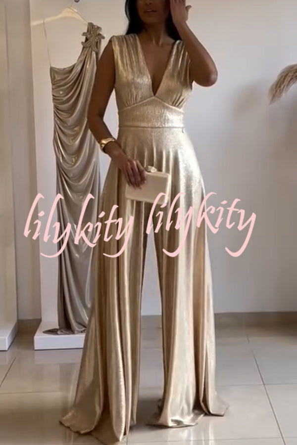 Roisin Metallic Fabric Ruched Shoulder V-neck Wide Leg Drape Jumpsuit