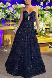 Sparkling Sky Sequin Satin Bow Detail Off Shoulder Prom Maxi Dress