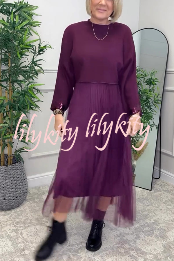 Fenna Ribbed Sequin Trim Batwing Sleeve Sweater and Pleated Tulle Stretch Tank Midi Dress Two-piece Set