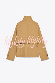 Chic Comfort Epaulettes Contrast Buttons Pocket Belt Cropped Trench Coat
