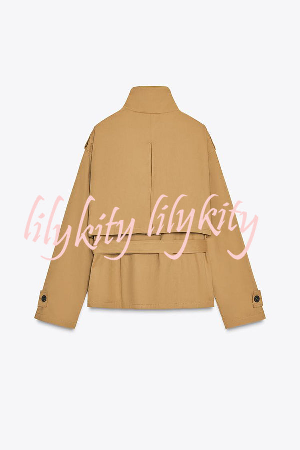 Chic Comfort Epaulettes Contrast Buttons Pocket Belt Cropped Trench Coat