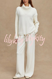 Morning Coffee Walks Ribbed Turtleneck Long Sleeve Sweatshirt and Elastic Waist Pocketed Loose Pants Set