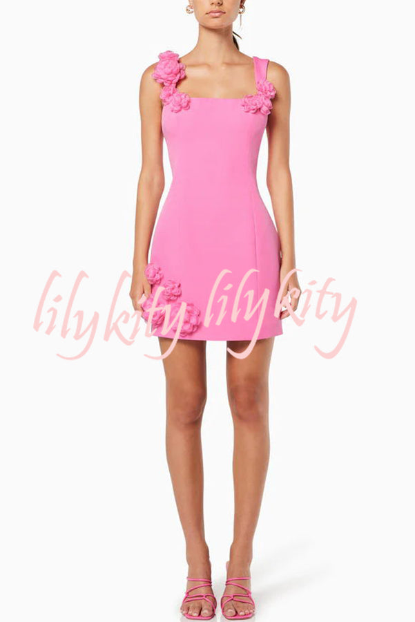 Crush on You Rose Applique Square Neck Wide Strap Mini Dress