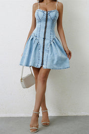 Fashionable Patchwork Suspender Zipper Slim Denim Mini Dress