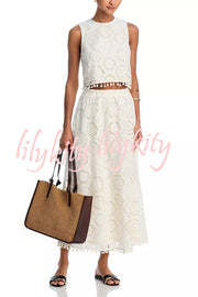 Nice Try Embroidered Crochet Lace Tassle Trim Elastic Waist Midi Skirt