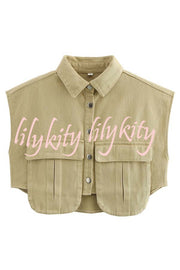 Stylish Weekend Denim Button Up Cape Sleeve Pocket Crop Top