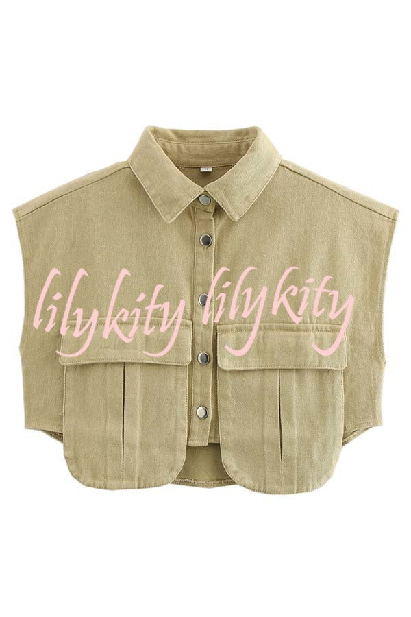 Stylish Weekend Denim Button Up Cape Sleeve Pocket Crop Top