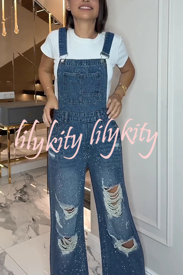 Fashionable Hot Diamond Casual Pocket Ripped Denim Overalls