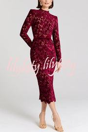 Diane Velvet Embroidered Floral Lace Long Sleeve Belt Scallop Edge Midi Dress