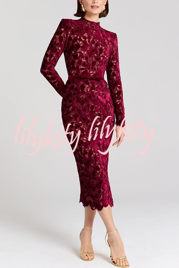 Diane Velvet Embroidered Floral Lace Long Sleeve Belt Scallop Edge Midi Dress