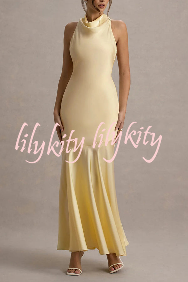 Timeless Sophistication Satin Cowl Detail Back Self-tie Halter Neck Maxi Dress