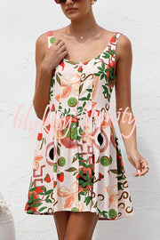 Botanical Print Sleeveless Button-Down Mini Dress