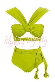 Solid Color Braided Rope High Waist Stretch Two-piece Bikini Swimsuit