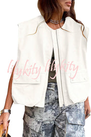 Fashion Zipper Sleeveless Pocket Loose Vest Jacket