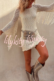 Wandering Angel Boucle Material Tassel Sleeve Stretch Vacation Mini Dress