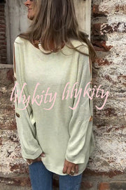 Solid Color Round Neck Hollow Long Sleeve Loose Knitted Sweater