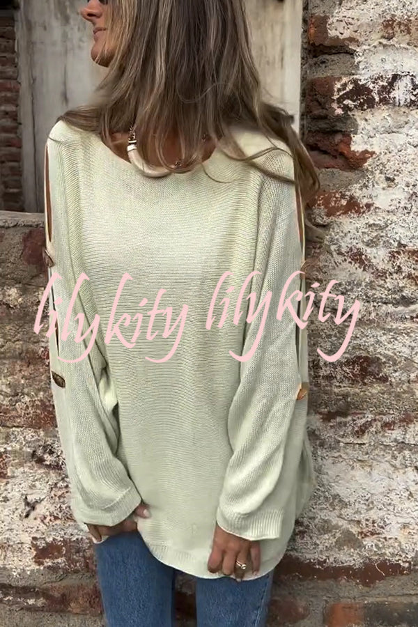 Solid Color Round Neck Hollow Long Sleeve Loose Knitted Sweater