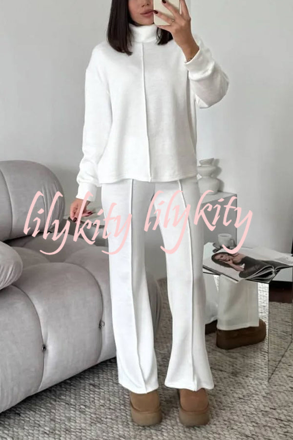 Solid Color Casual Knitted High Neck Long Sleeve Top and Elastic Waist Loose Pants Set