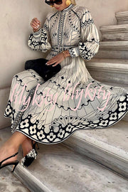 Perfect for Spring Linen Blend Ethnic Print Button Balloon Sleeve Belted Shirt Midi Dress