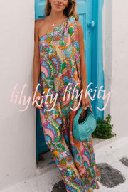 Rainbow Breeze Satin Unique Print Bow One Shoulder Loose Maxi Dress