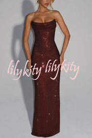 Mirabella Sequin Pleated Cowl Scooped Neckline Back Lace-up Strapless Maxi Dress