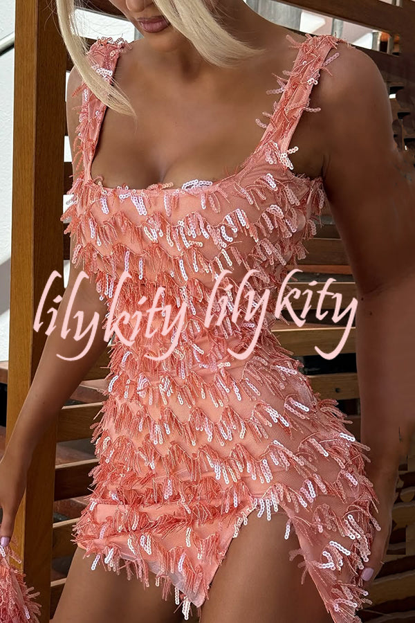 Sexy Square Neck Open Back Sequined Tassel Slim Mini Dress