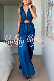 Midnight Charm Satin Ruched Cutout Tie-up Maxi Dress