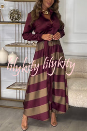 Lindsey Satin Colorblock Contrast Long Sleeve Belted Shirt Maxi Dress