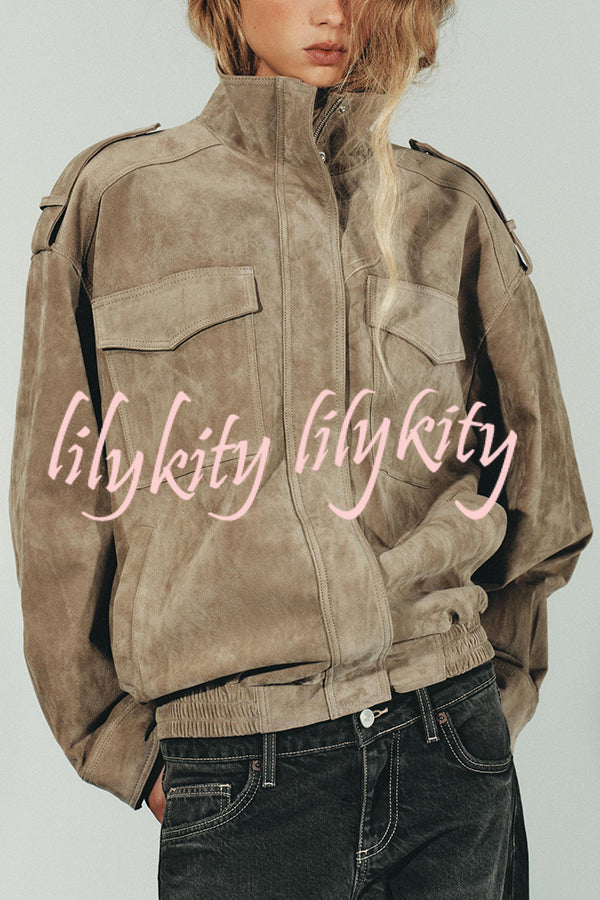 Fashionable Suede Loose Pocket Leather Jacket