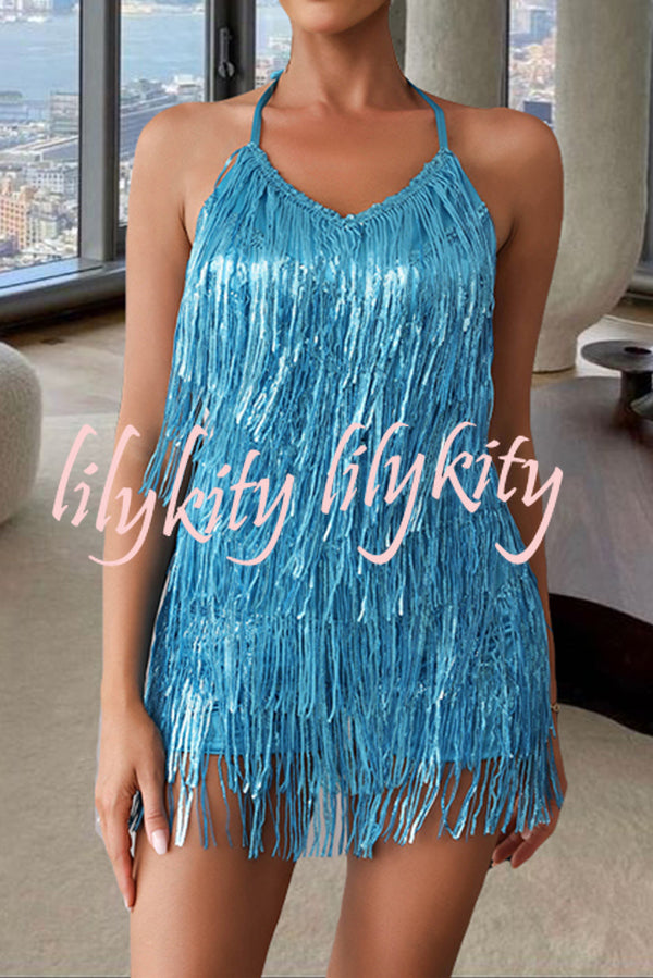 Shiny Sexy Halterneck Backless Lace-up Fringed Sequin Rompers