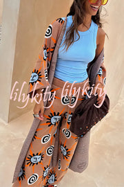 Mediterranean Art Knit Unique Sun Vortex Print Bell Sleeve Long Cardigan