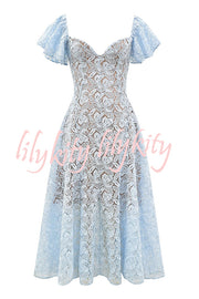 Romantic Atmosphere Bluebell Lace Butterfly Sleeve Sweetheart Neck Stretch Midi Dress