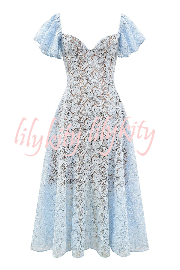 Romantic Atmosphere Bluebell Lace Butterfly Sleeve Sweetheart Neck Stretch Midi Dress