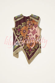 Stunning Floral Print Asymmetric Tassel Trim Scarf Top