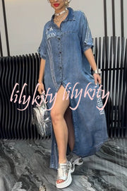 Fashion Letter Print Lapel Cardigan Loose Maxi Dress
