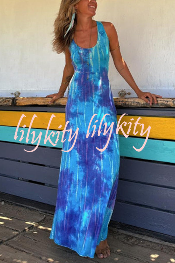 La Bamba Tie-dye Print Back Lace-up Stretch Maxi Dress