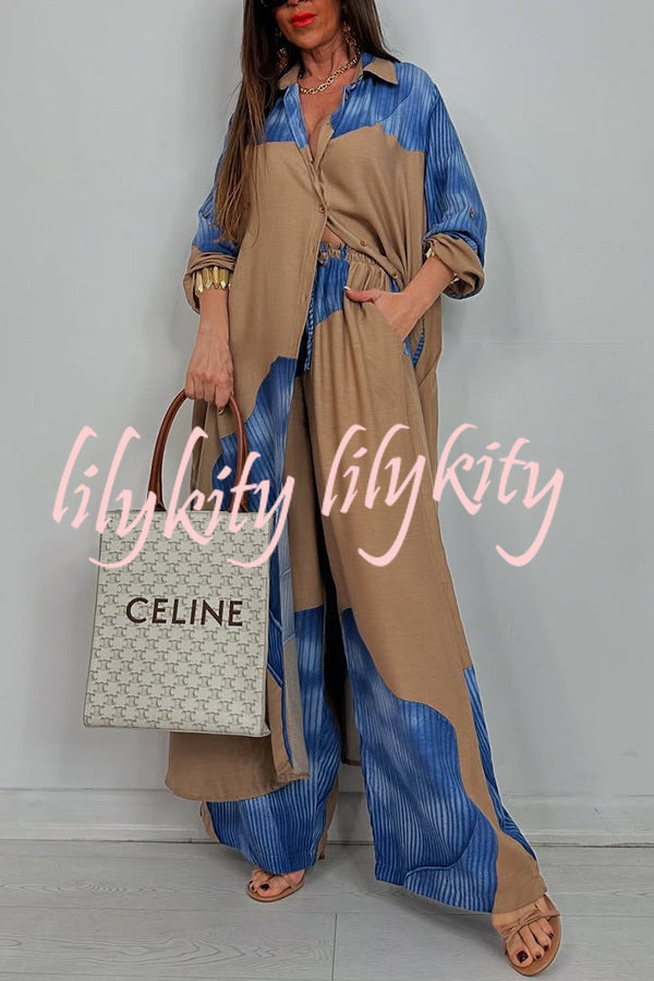 Unique Printed Casual Loose Long Shirt and Elastic Waist Pocket Wide Leg Pants Set