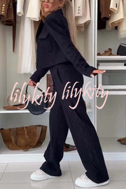 Fashion Lace Panel Long-sleeved Crop Top and Elastic Waist Tie Pocket Casual Pants Set