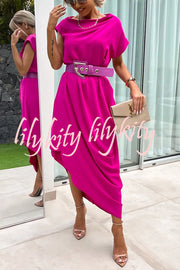 Extraordinary Cut Asymmetrical Short Sleeve  Loose Midi Dress