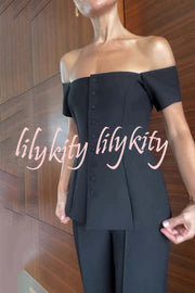 Solid Color Off-the-shoulder Single-breasted Top and Casual Pocket Straight-leg Pants Set
