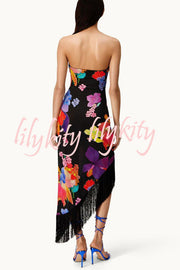 Island Girl Era Floral Print Tassel Trim Bandeau Stretch Midi Dress