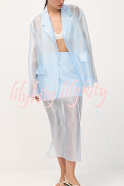 Simple and Light See-through Fabric Tie-up Long Sleeve Pocket Lapel Blazer