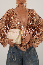 Fashion Sequined Long-sleeved V-neck Loose Lace-up Cardigan