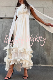 Fashionable V-neck Lace-up Ruffled Double-layer Hem Maxi Dress