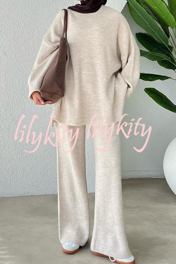 Solid Color Loose Long-sleeved Knit Top and Elastic Waist Casual Straight Leg Pants Set